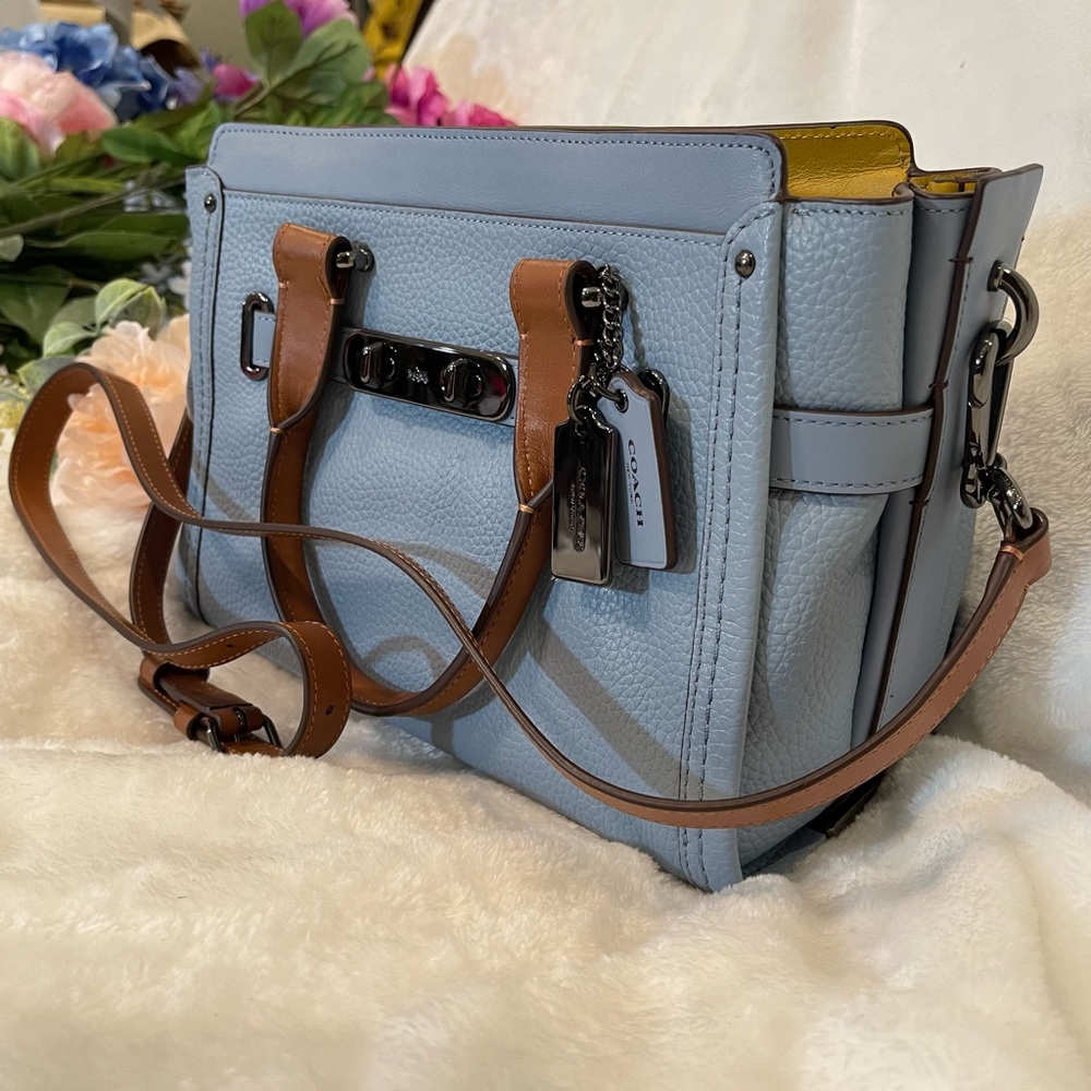 Coach Swagger 27 in Light Blue and Brown Leather and Gunmetal Hardware